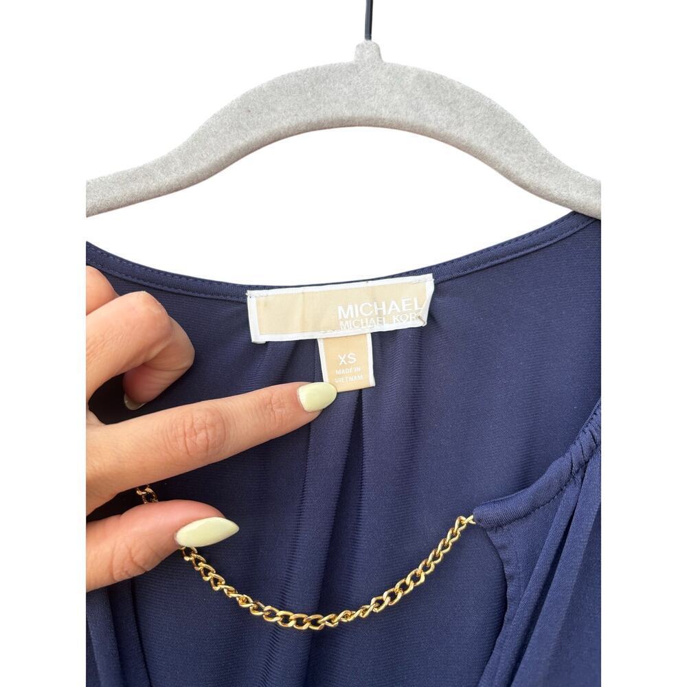 Michael Kors XS Navy Blue Long Sleeve Mini Dress Gold Chain Belted Ruffle - Picture 4 of 14